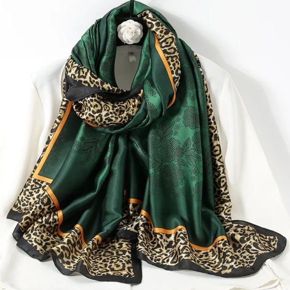 Accessories - Boho Emerald Green Leopard Print Silk Scarf